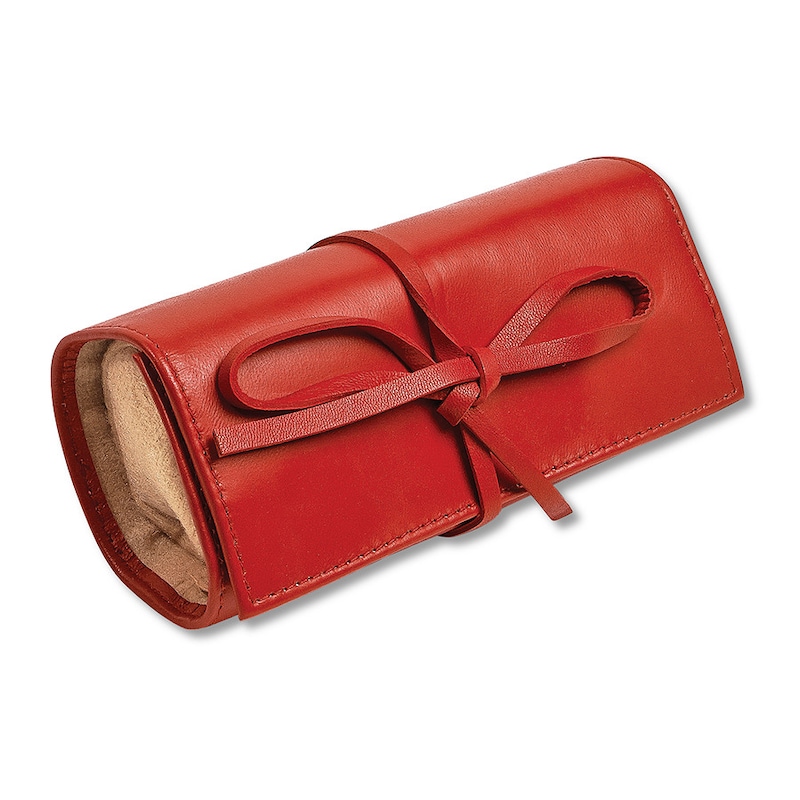 Jewelry Roll Travel Case Red Leather