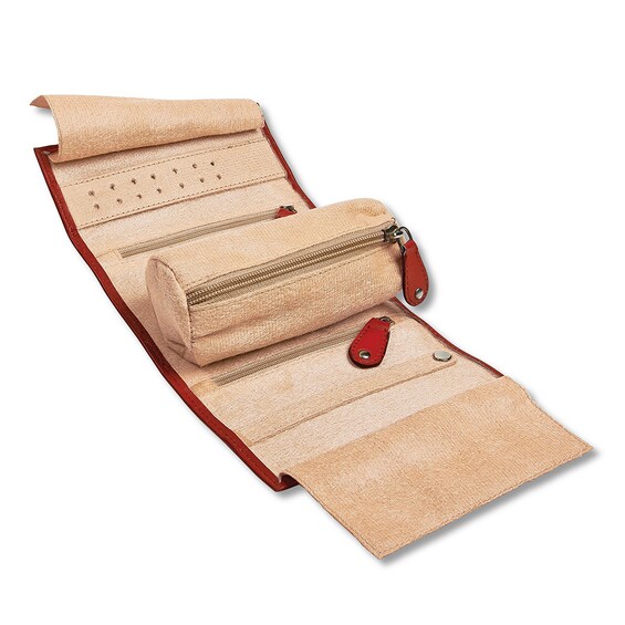 Jewelry Roll Travel Case Red Leather Kay