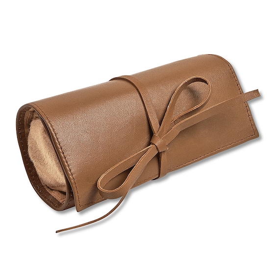 Jewelry Roll Travel Case Brown Leather