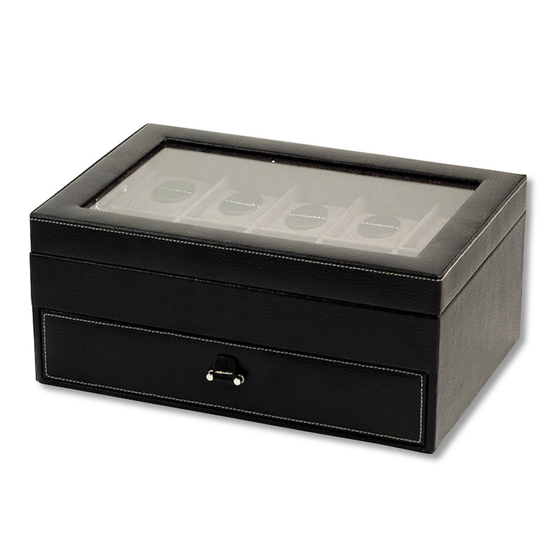 Black Leather Watch & Jewelry Case with Glass Top
