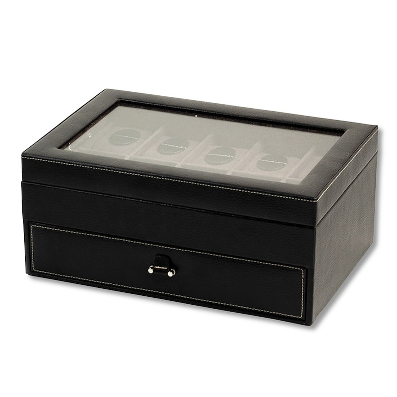 Main Image 2 of Black Leather Watch & Jewelry Case with Glass Top