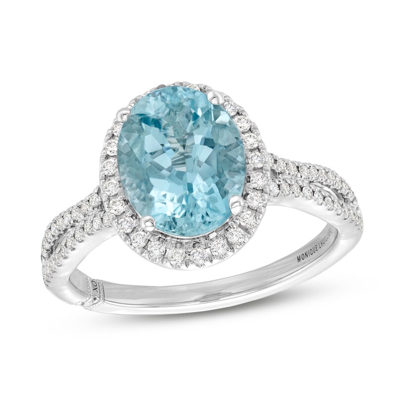 Main Image 1 of Monique Lhuillier Bliss Oval-Cut Aquamarine & Diamond Halo Engagement Ring 1/3 ct tw 14K White Gold