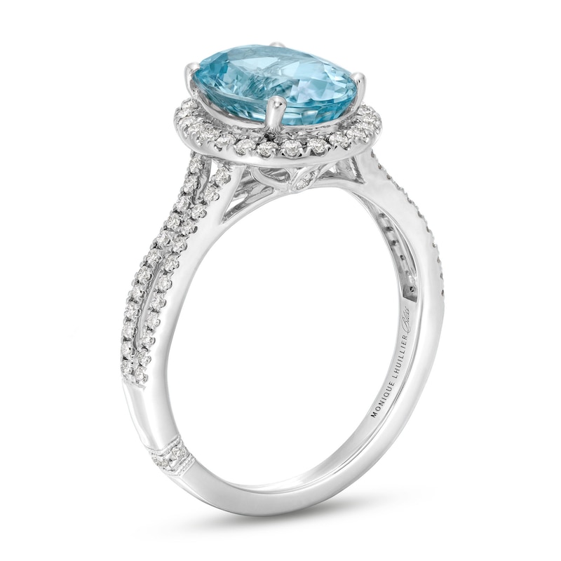 Main Image 2 of Monique Lhuillier Bliss Oval-Cut Aquamarine & Diamond Halo Engagement Ring 1/3 ct tw 14K White Gold