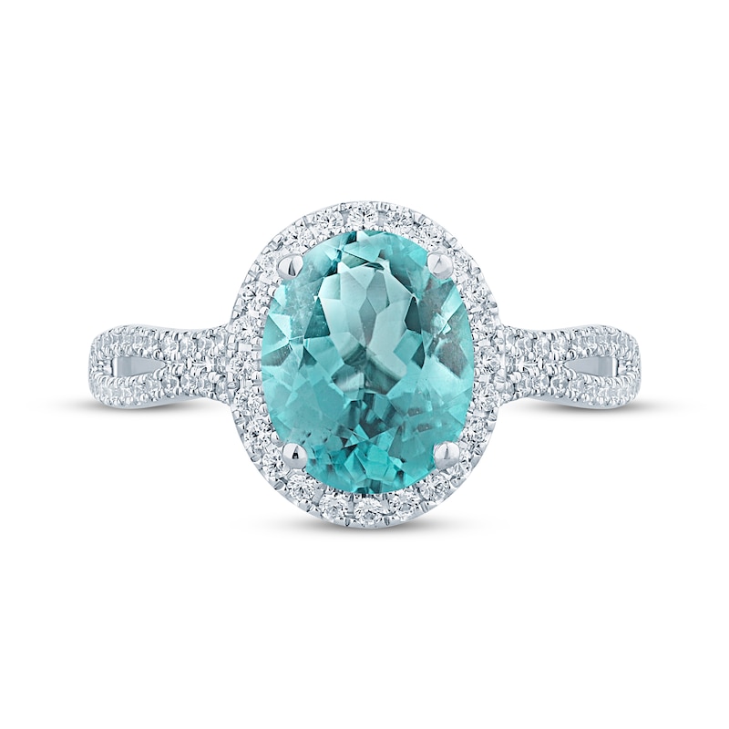 Main Image 4 of Monique Lhuillier Bliss Oval-Cut Aquamarine & Diamond Halo Engagement Ring 1/3 ct tw 14K White Gold