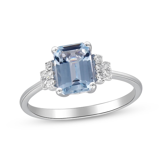 Emerald-Cut Aquamarine & Round-Cut Diamond Ring 1/8 ct tw 10K White Gold