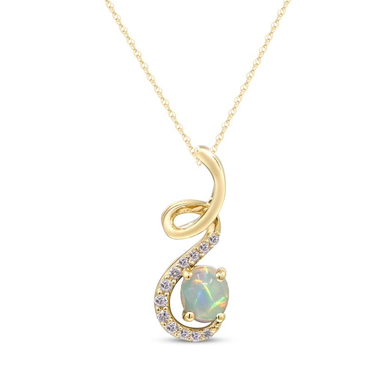 Oval-Cut Opal & Diamond Ribbon Necklace 1/20 ct tw 10K Yellow Gold 18 ...