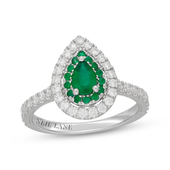 Neil Lane Pear-Shaped Natural Emerald & Diamond Double Halo Engagement Ring 1/2 ct tw 14K White Gold