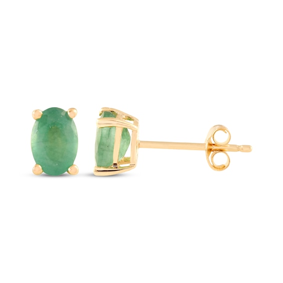 Oval-Cut Emerald Solitaire Stud Earrings 14K Yellow Gold