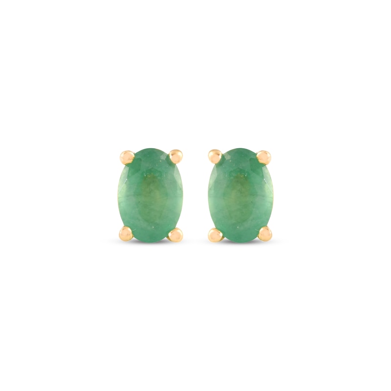 Main Image 2 of Oval-Cut Emerald Solitaire Stud Earrings 14K Yellow Gold
