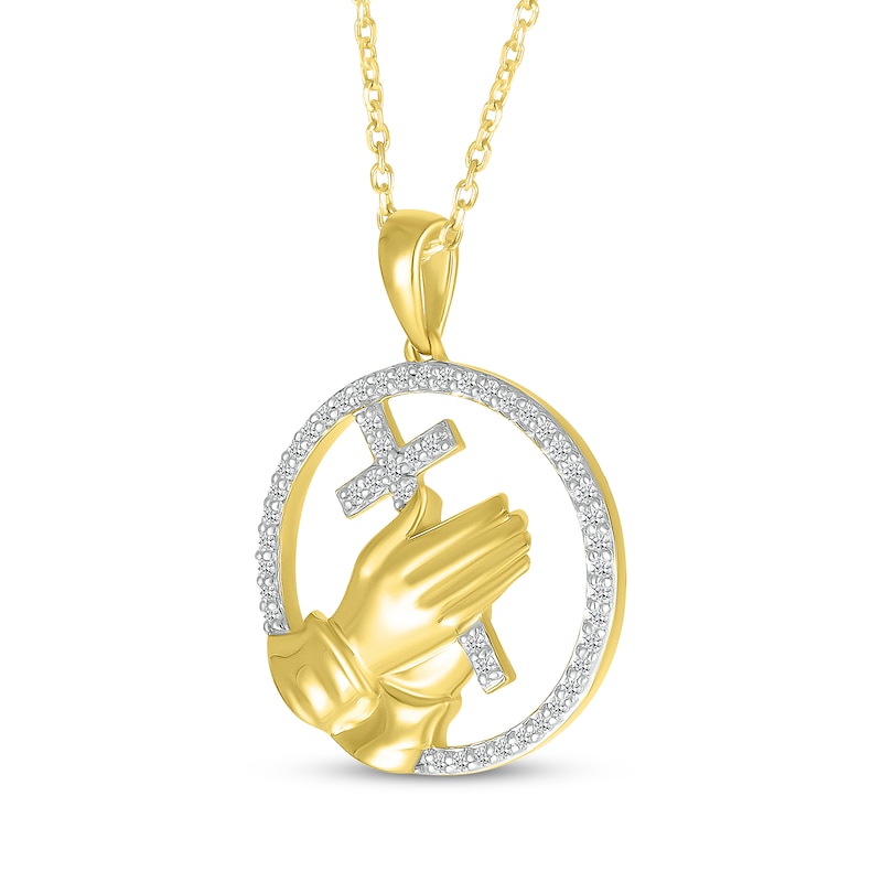Main Image 2 of Diamond Cross & Praying Hands Circle Necklace 1/6 ct tw 14K Yellow Gold 18&quot;