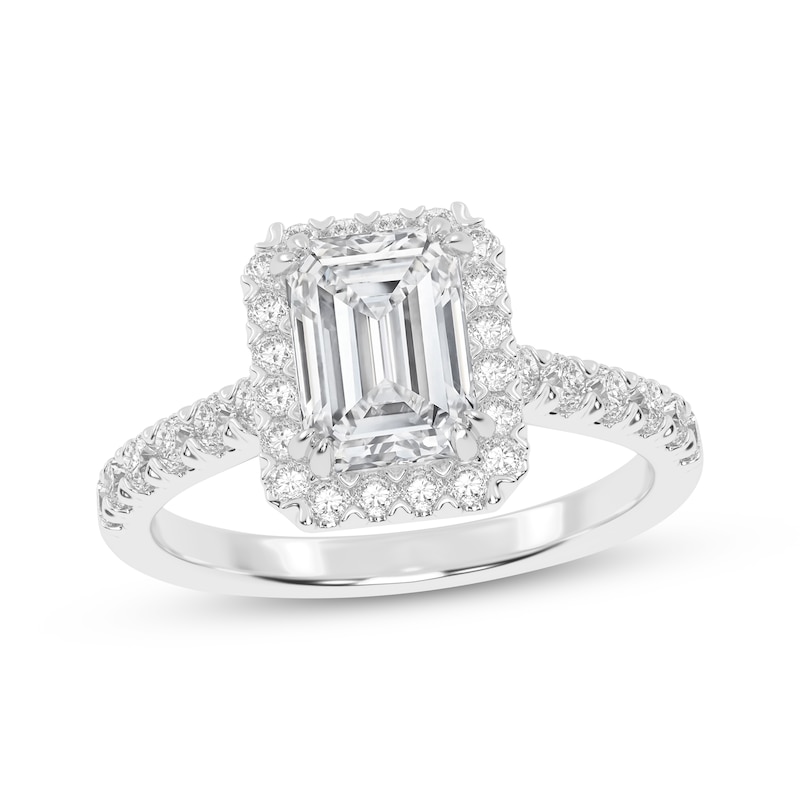 Main Image 1 of Lab-Grown Diamonds Emerald-Cut Halo Engagement Ring 1-1/2 ct tw 14K White Gold