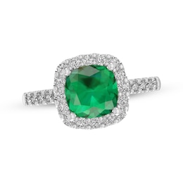 Cushion-Cut Lab-Created Emerald & White Lab-Created Sapphire Halo Ring Sterling Silver