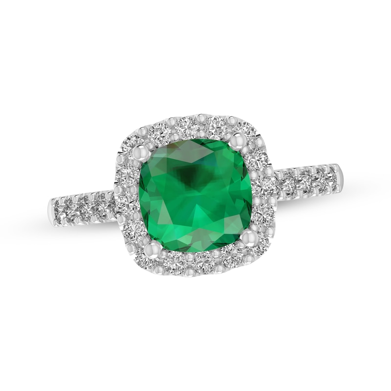 Main Image 1 of Cushion-Cut Lab-Created Emerald & White Lab-Created Sapphire Halo Ring Sterling Silver