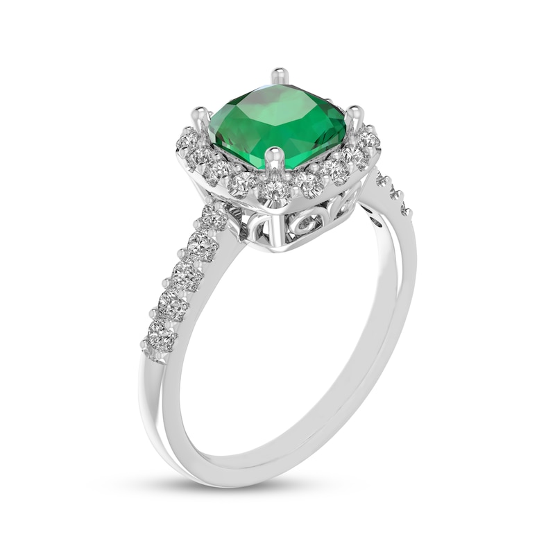 Main Image 2 of Cushion-Cut Lab-Created Emerald & White Lab-Created Sapphire Halo Ring Sterling Silver
