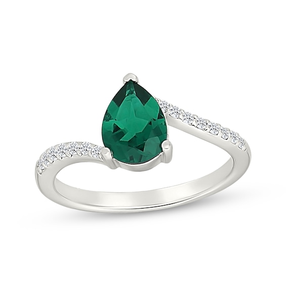 Pear-Shaped Lab-Created Emerald & White Lab-Created Sapphire Bypass Ring Sterling Silver