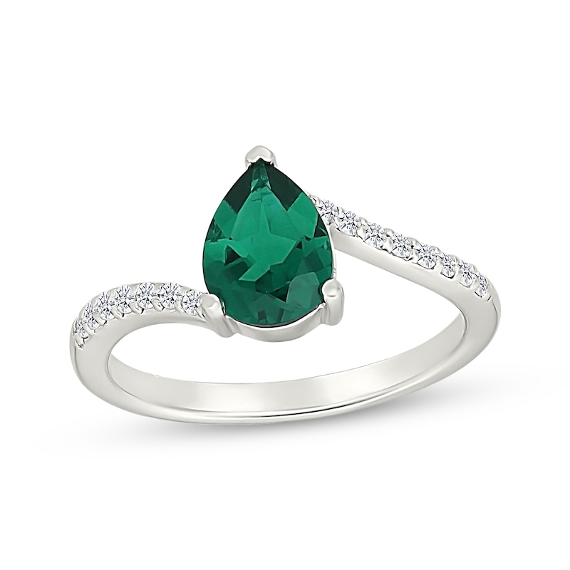 Main Image 1 of Pear-Shaped Lab-Created Emerald & White Lab-Created Sapphire Bypass Ring Sterling Silver