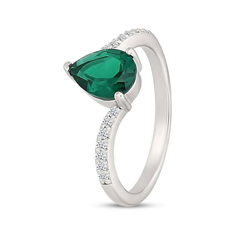 Main Image 2 of Pear-Shaped Lab-Created Emerald & White Lab-Created Sapphire Bypass Ring Sterling Silver