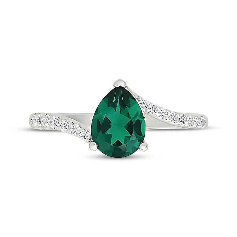 Main Image 4 of Pear-Shaped Lab-Created Emerald & White Lab-Created Sapphire Bypass Ring Sterling Silver