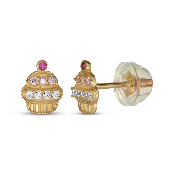 Children's Lab-Created Ruby & Cubic Zirconia Cupcake Stud Earrings 14K Yellow Gold