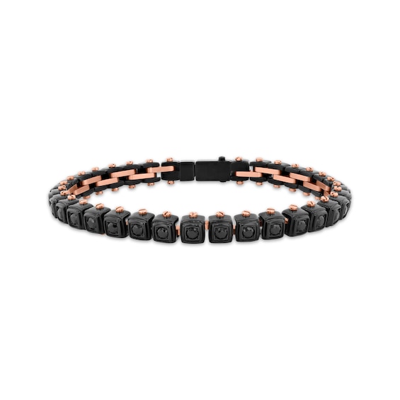 Men's Black Spinel Cube Link Bracelet Black & Rose Ion-Plated Stainless Steel 8.5"