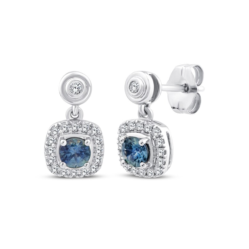 Main Image 1 of American Blue Sapphire & Diamond Halo Dangle Earrings 1/6 ct tw 10K White Gold