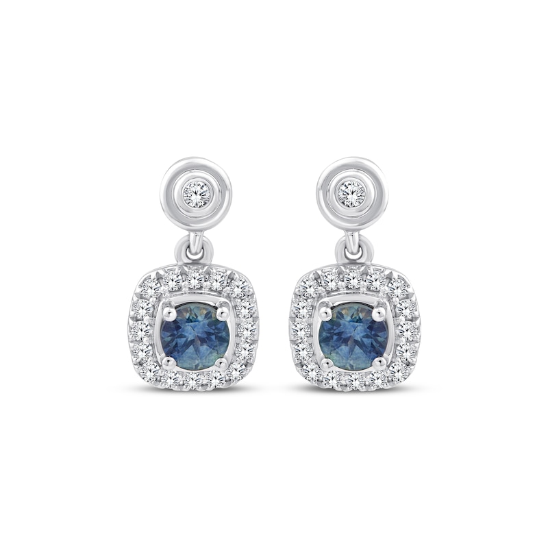 Main Image 2 of American Blue Sapphire & Diamond Halo Dangle Earrings 1/6 ct tw 10K White Gold