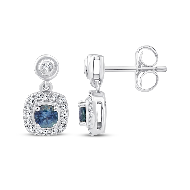 Main Image 3 of American Blue Sapphire & Diamond Halo Dangle Earrings 1/6 ct tw 10K White Gold