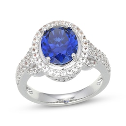 Oval-Cut Blue Lab-Created Sapphire & White Lab-Created Sapphire Halo Ring Sterling Silver