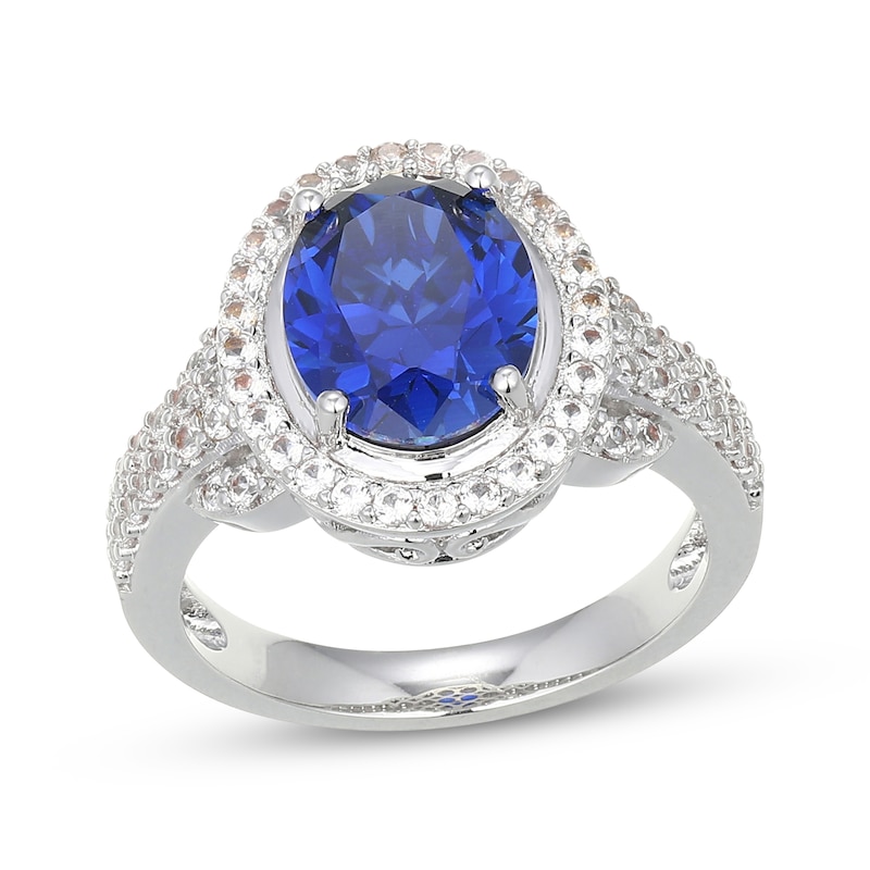 Main Image 1 of Oval-Cut Blue Lab-Created Sapphire & White Lab-Created Sapphire Halo Ring Sterling Silver