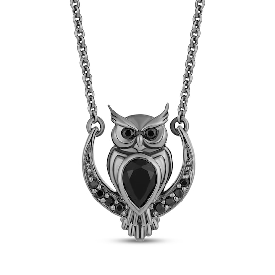 Disney Treasures Hocus Pocus Black Onyx & Diamond Owl Necklace 1/10 ct tw Black Rhodium-Plated Sterling Silver 18"
