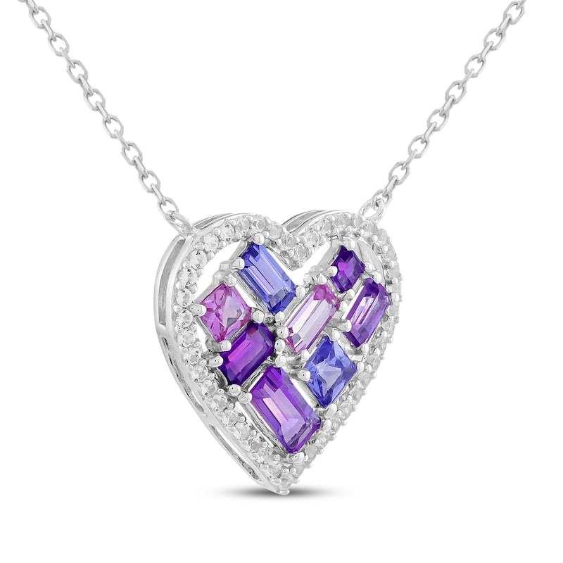 Main Image 2 of Amethyst, Tanzanite, Pink & White Lab-Created Sapphire Heart Necklace Sterling Silver 18"