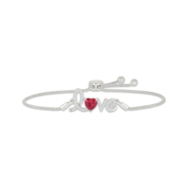 Main Image 1 of Heart-Shaped Lab-Created Ruby & White Lab-Created Sapphire "Love" Bolo Bracelet Sterling Silver