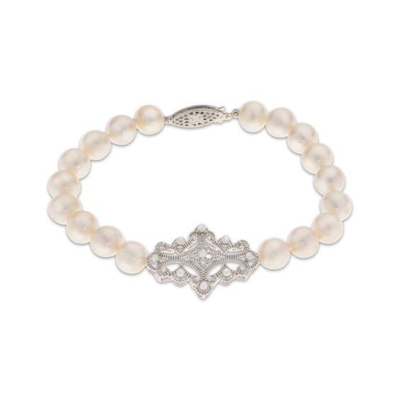 Cultured Pearl & White Topaz Fashion Bracelet Sterling Silver 7.5"