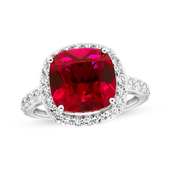 Cushion-Cut Lab-Created Ruby & White Lab-Created Sapphire Halo Ring Sterling Silver