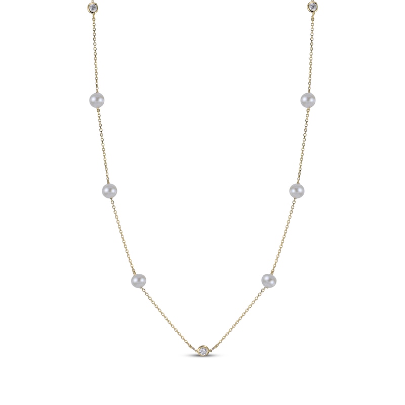 Main Image 1 of Kay Lab-Grown Diamonds Cultured Pearl Station Necklace 1/6 ct tw 10K Yellow Gold 18"