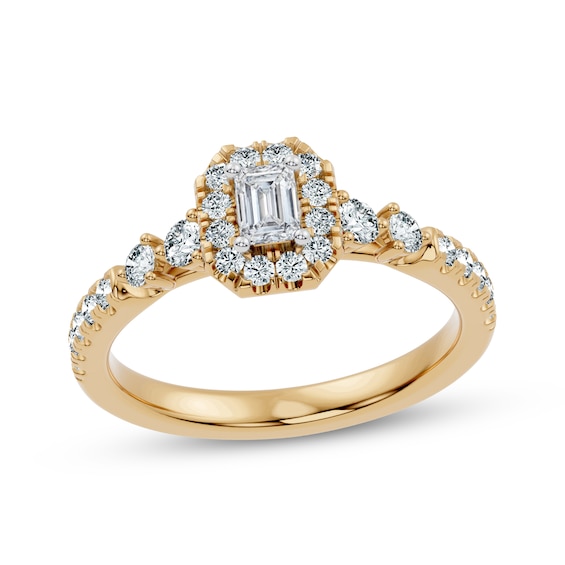 Now + Forever Lab-Grown Diamonds Certified Emerald-Cut Halo Engagement Ring 3/4 ct tw 14K Yellow Gold