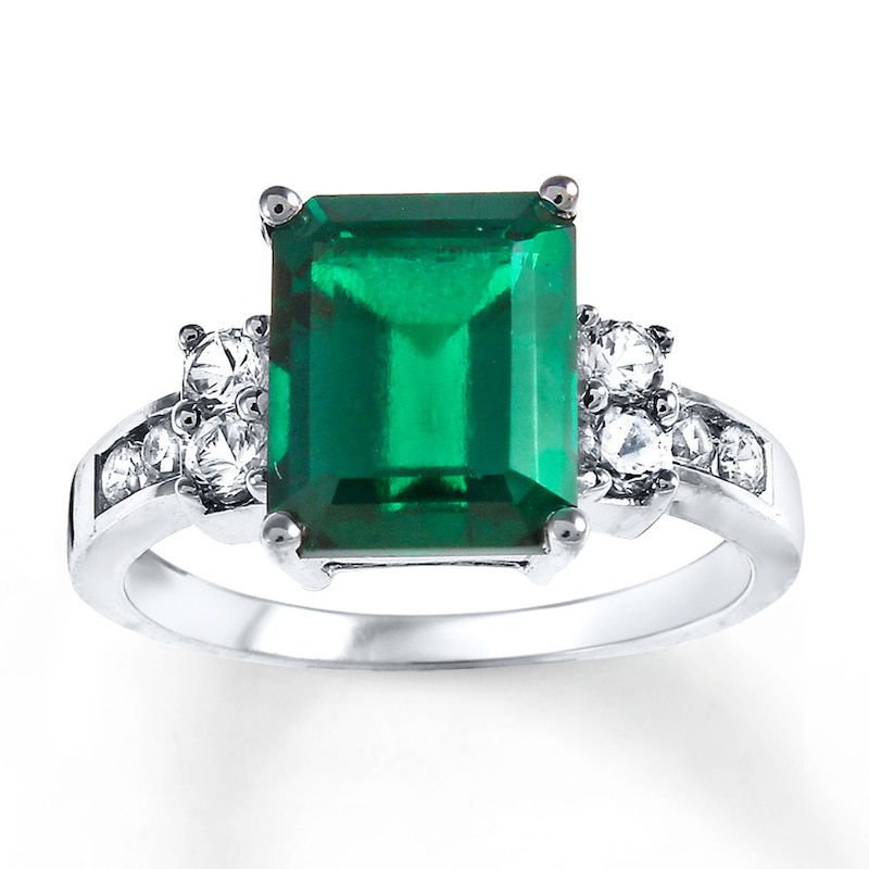 Main Image 1 of Lab-Created Emerald Lab-Created Sapphires Sterling Silver Ring