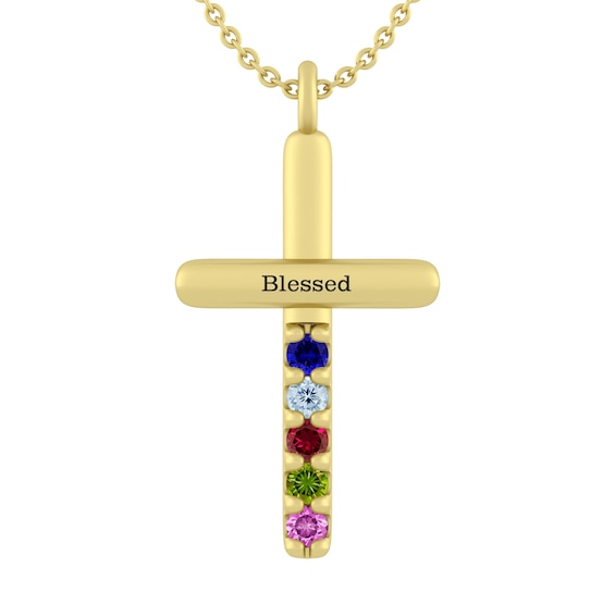 Birthstone Family & Mother's Cross Necklace (1-5 Stones and 1 Line)