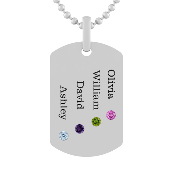 Silver Birthstone Family & Mother's Dog Tag Necklace (1-4 Stones and Lines)