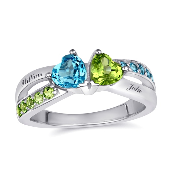 Birthstone Couple's Heart Ring (4 Stones and 2 Lines)