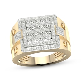 Men's Multi-Diamond Center Square Ring 1 ct tw Round & Baguette-cut 10K Yellow Gold