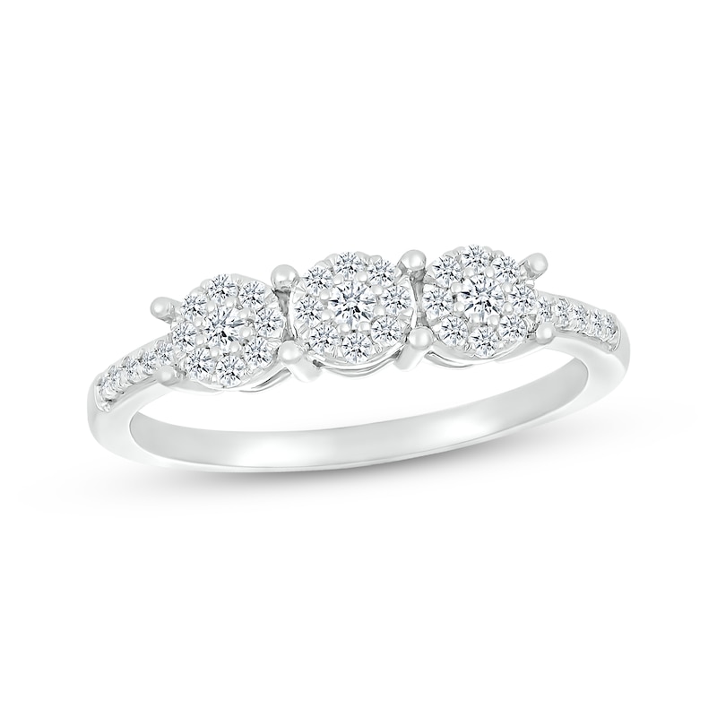 Main Image 1 of Diamond Three-Stone Halo Promise Ring 1/4 ct tw 10K White Gold