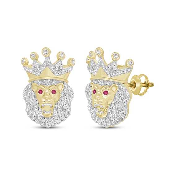 Men’s Round-Cut Diamond & Round-Cut Lab-Created Ruby Lion with Crown Stud Earrings 1/4 ct tw 10K Yellow Gold