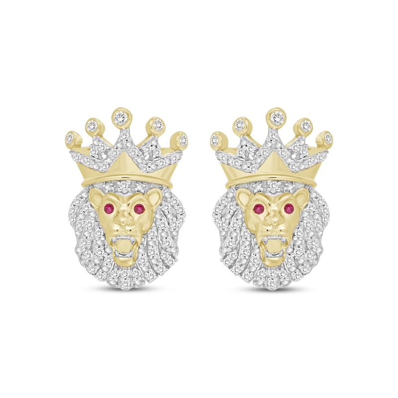 Main Image 2 of Men’s Round-Cut Diamond & Round-Cut Lab-Created Ruby Lion with Crown Stud Earrings 1/4 ct tw 10K Yellow Gold