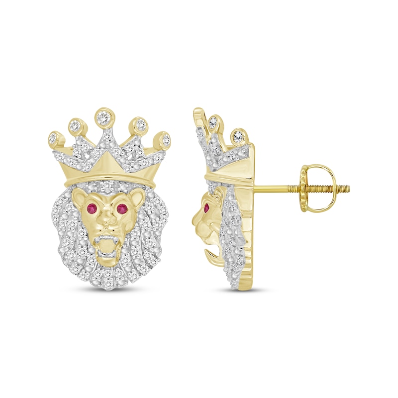 Main Image 3 of Men’s Round-Cut Diamond & Round-Cut Lab-Created Ruby Lion with Crown Stud Earrings 1/4 ct tw 10K Yellow Gold