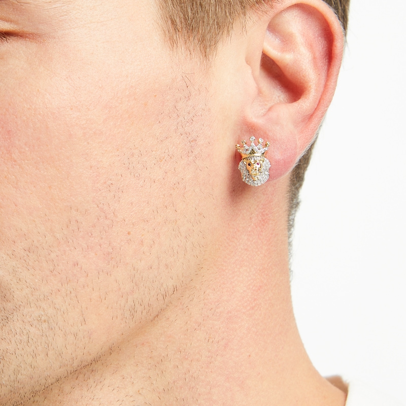 Main Image 4 of Men’s Round-Cut Diamond & Round-Cut Lab-Created Ruby Lion with Crown Stud Earrings 1/4 ct tw 10K Yellow Gold