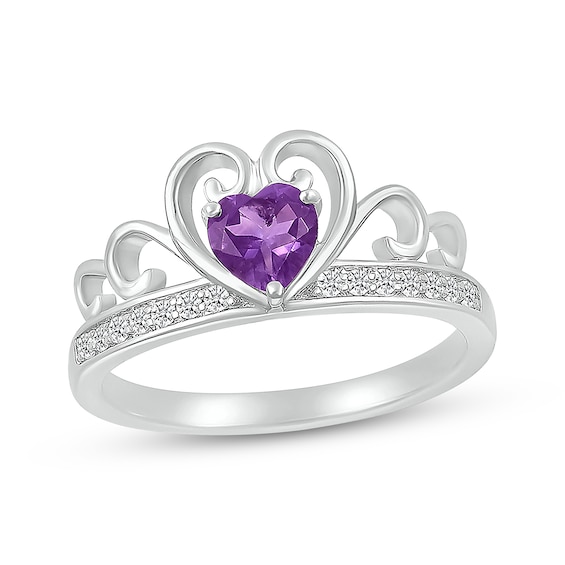 Sterling Silver Diamond And Heart Shaped Amethyst Crown Ring Sterling Silver Diamond And Heart Shaped Amethyst Crown Ring