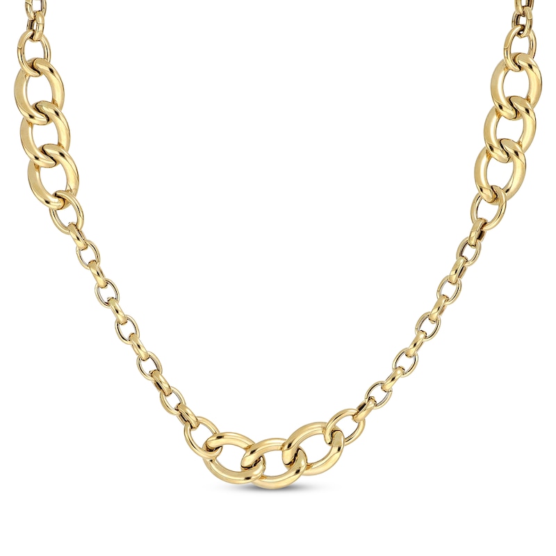 Hollow Rolo & Curb Chain Station Necklace 14K Yellow Gold 18"