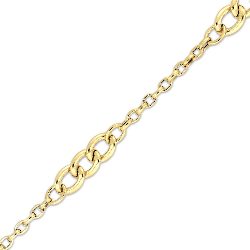 Hollow Rolo & Curb Chain Station Necklace 14K Yellow Gold 18"