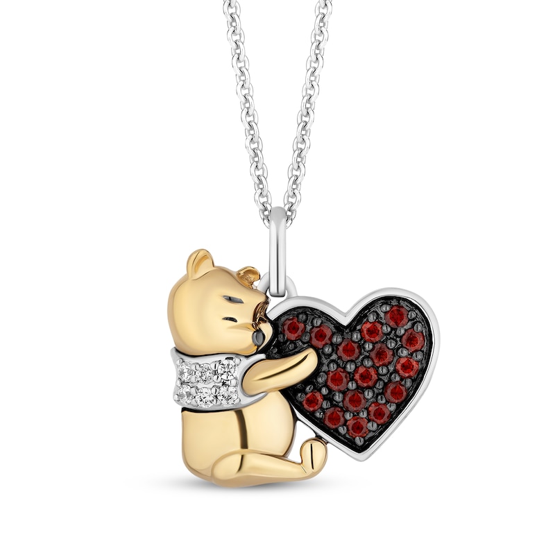 Disney Treasures Winnie the Pooh Garnet & Diamond Heart Necklace 1/20 ct tw Sterling Silver & 10K Yellow Gold 19"